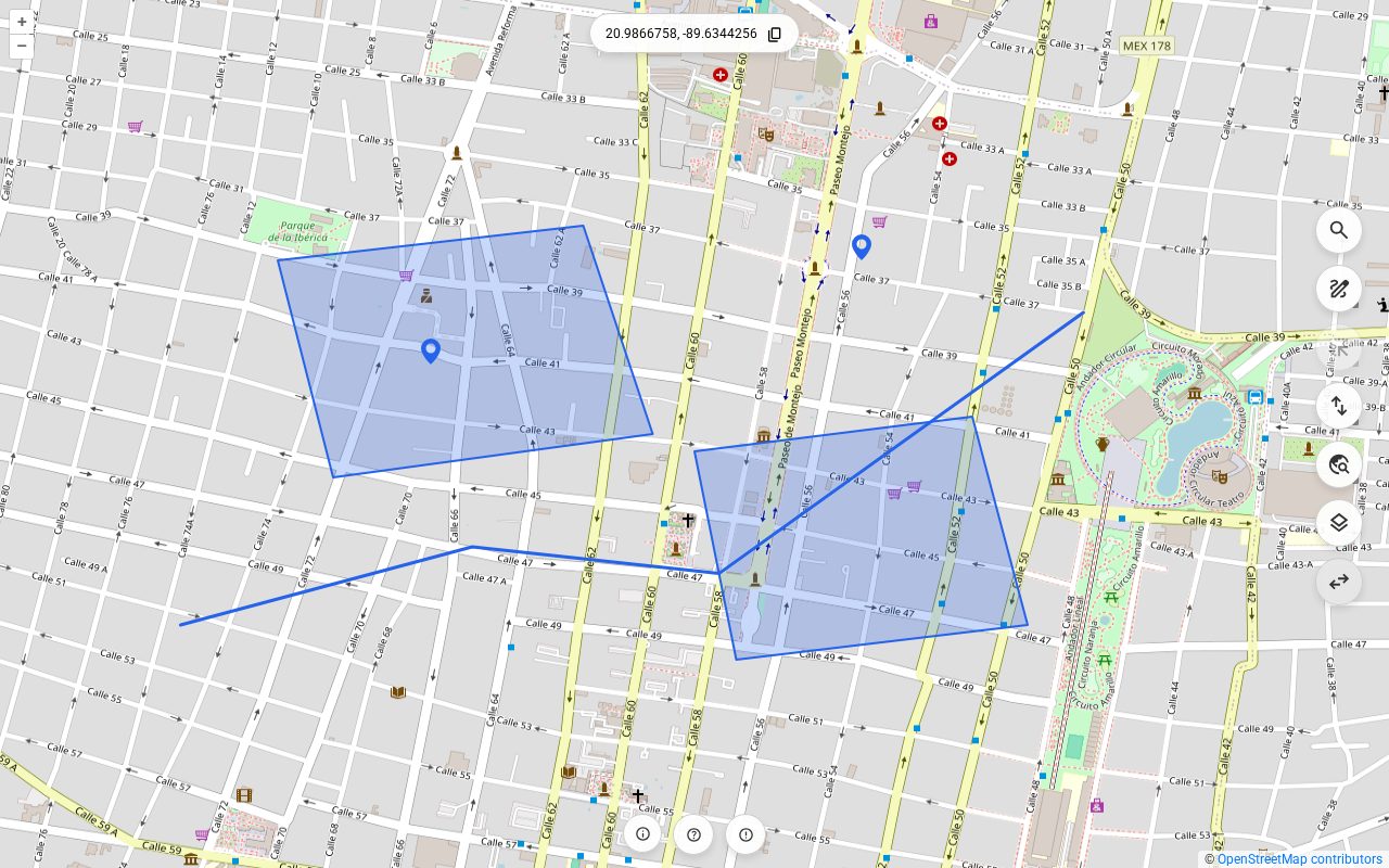 Capto mostrando dos polígonos, una línea y dos puntos dibujados sobre un mapa de calles, con la barra de herramientas de dibujo en el borde derecho.